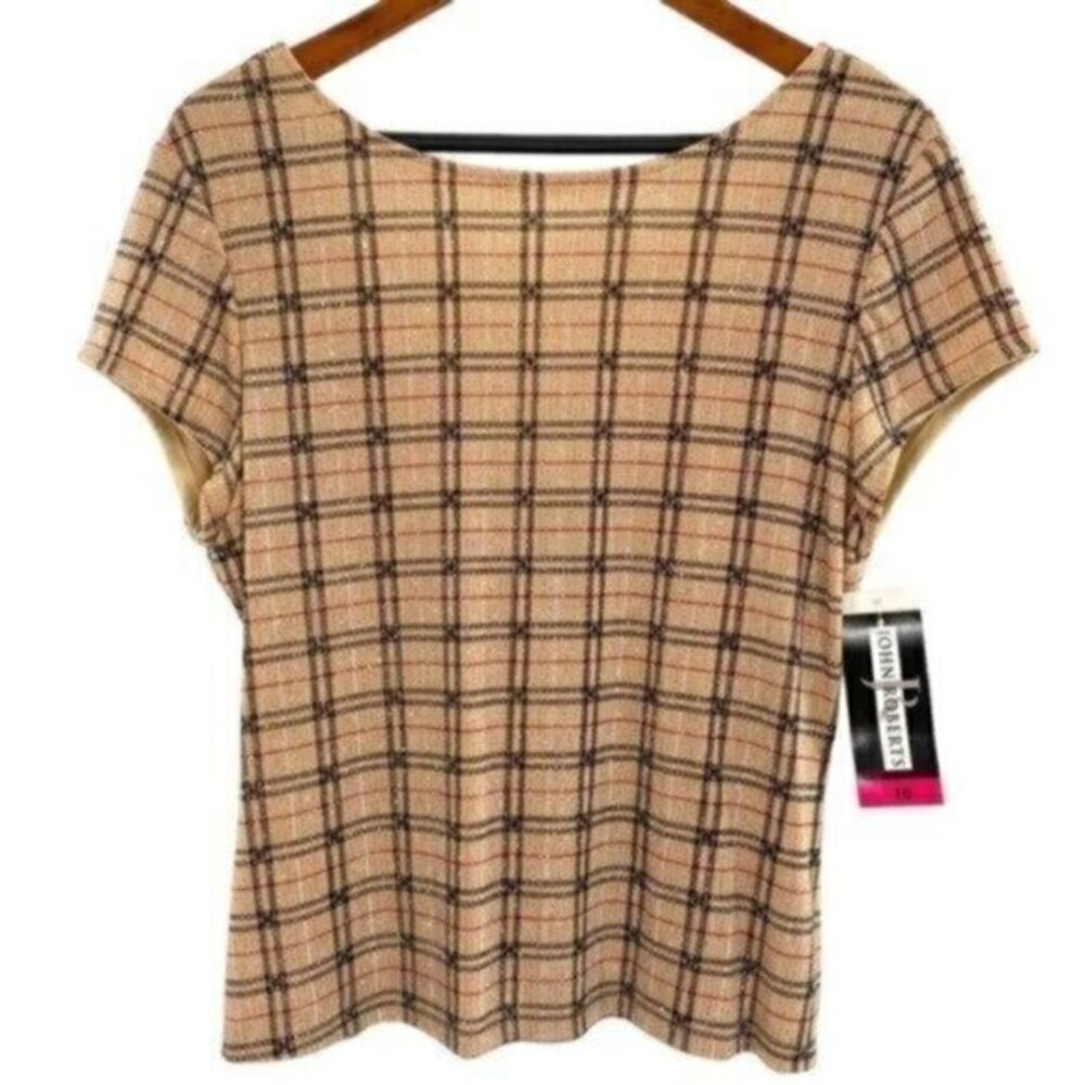 Women’s 90s Clueless Window Pane Plaid Metallic Shimmer Blouse Top